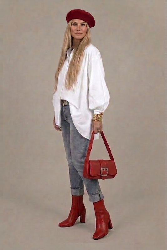 Dress ankle boots inside zip in scarlet red leather with high block heels and round toe - Worn view
